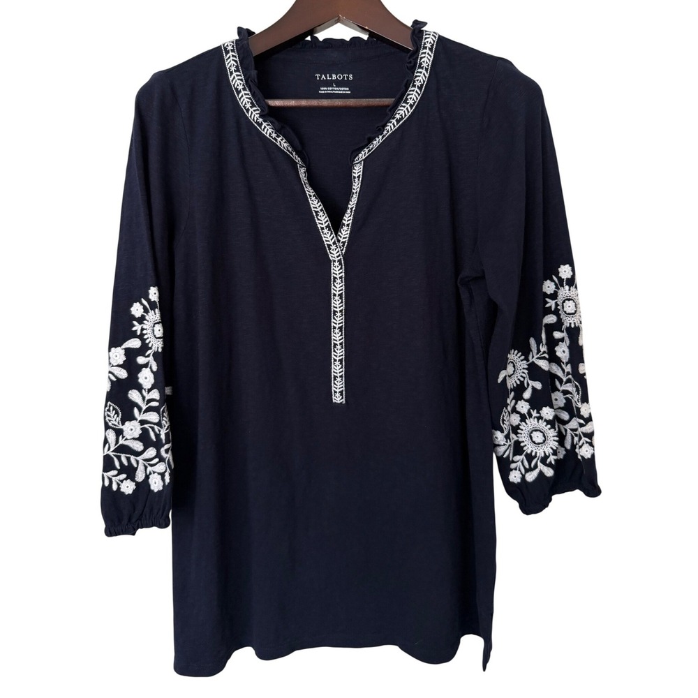 Talbots Navy Blue White Floral Embroidered Slub Cotton Ruffle Neck Tunic Top L